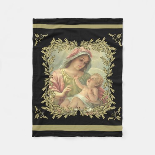 Virgin Mother Mary with Baby Jesus Gold Fleece Blanket
