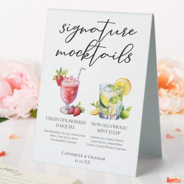 Virgin Strawberry Daiquiri Mint Julep Mocktails Table Tent (In SItu (Wedding))