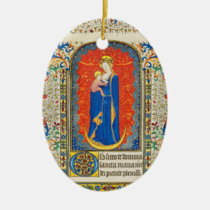 VIRGIN WITH CHILD AND ANGELS Antique Floral Swirls Ceramic Ornament