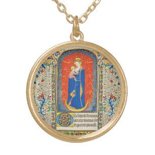 VIRGIN WITH CHILD AND ANGELS Antique Floral Swirls Gold Plated Necklace