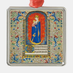 VIRGIN WITH CHILD AND ANGELS Antique Floral Swirls Metal Ornament