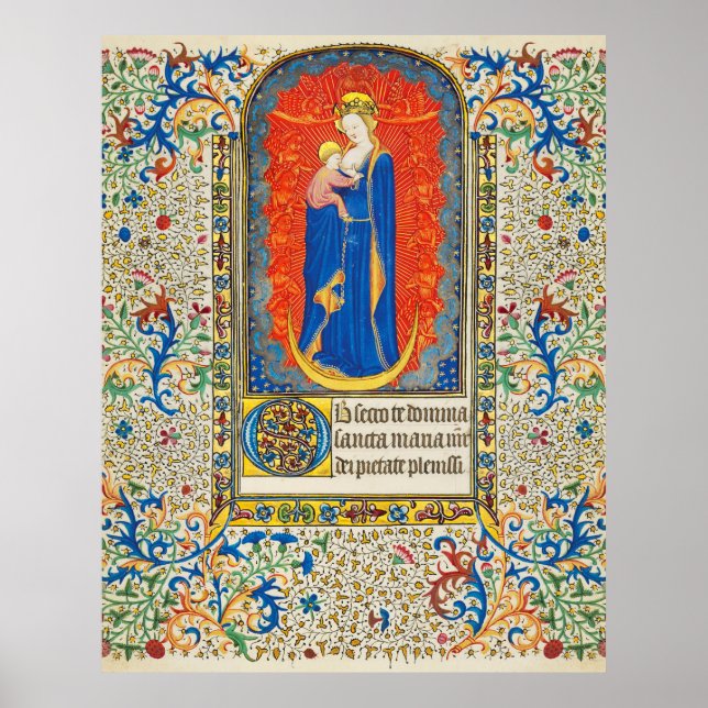 VIRGIN WITH CHILD AND ANGELS Antique Floral Swirls Poster (Front)