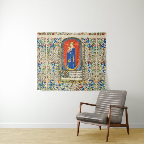 VIRGIN WITH CHILD AND ANGELS Antique Floral Swirls Tapestry