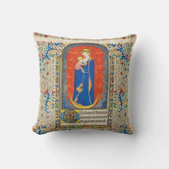 VIRGIN WITH CHILD AND ANGELS Antique Floral Swirls Throw Pillow (Front)
