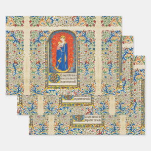 VIRGIN WITH CHILD AND ANGELS Antique Floral Swirls Wrapping Paper Sheets
