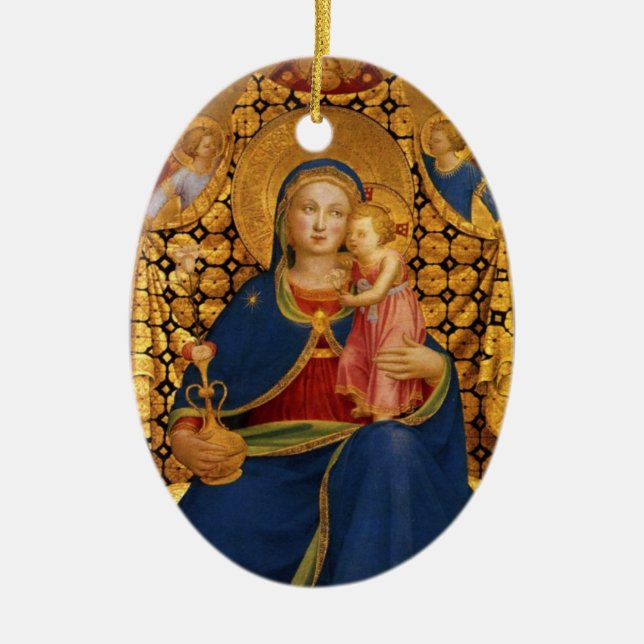 VIRGIN WITH CHILD AND ANGELS ,Blue Sapphire Gem Ceramic Ornament (Front)