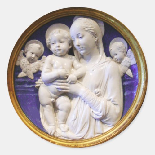VIRGIN WITH CHILD AND ANGELSBlue White Christmas Classic Round Sticker