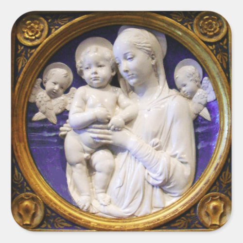 VIRGIN WITH CHILD AND ANGELS Blue White Christmas Square Sticker