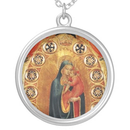 VIRGIN WITH CHILD AND ANGELS GOLD SACRED ART ICON SILVER PLATED NECKLACE