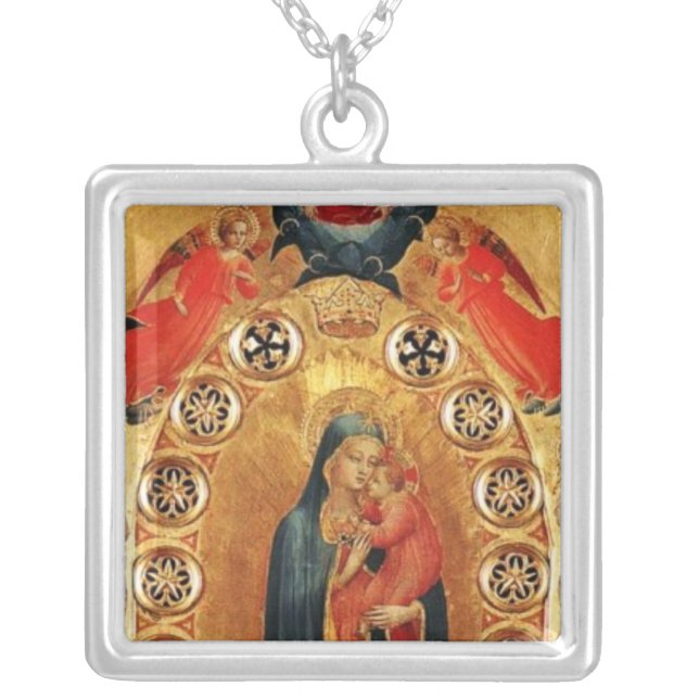 VIRGIN WITH CHILD AND ANGELS GOLD SACRED ART ICON SILVER PLATED NECKLACE (Front)