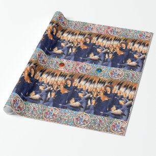 VIRGIN WITH CHILD AND ANGELS ,RED BLUE GEMSTONES WRAPPING PAPER