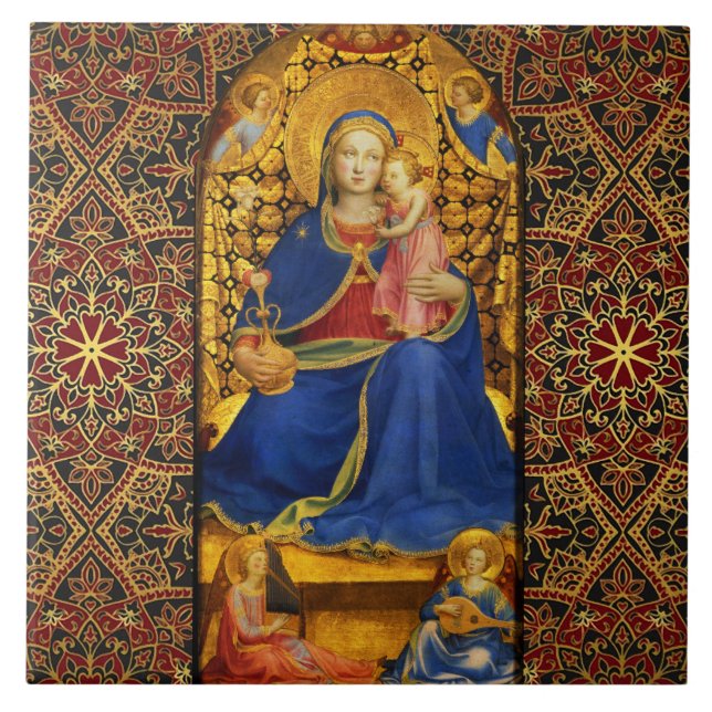 VIRGIN WITH CHILD AND ANGELS, Red Blue Gold Xmas Ceramic Tile (Front)