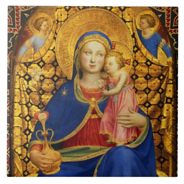 VIRGIN WITH CHILD AND ANGELS, Red Blue Gold Xmas Ceramic Tile (Front)