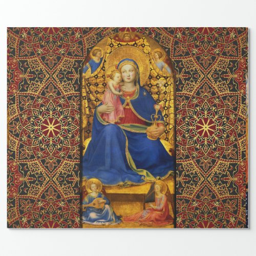 VIRGIN WITH CHILD AND ANGELS Red Blue Gold Xmas Wrapping Paper