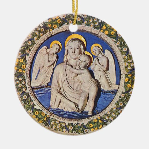 VIRGIN WITH CHILD AND ANGELS  Round Blue Sapphire Ceramic Ornament