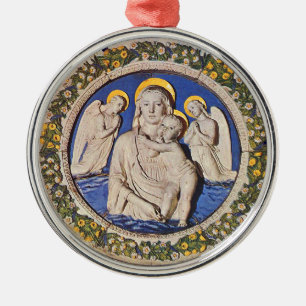 VIRGIN WITH CHILD AND ANGELS  Round Blue Sapphire Metal Ornament