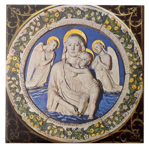 VIRGIN WITH CHILD AND ANGELS  Round  Ceramic Tile