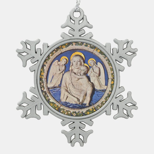 VIRGIN WITH CHILD AND ANGELS  Round Snowflake Pewter Christmas Ornament (Front)