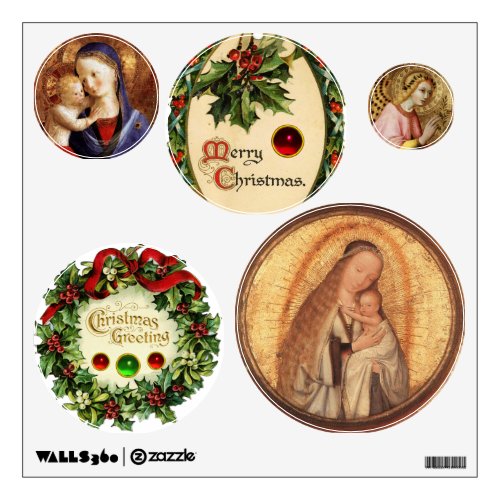 VIRGIN WITH CHILD AND FLORAL CHRISTMAS CROWNS WALL DECAL