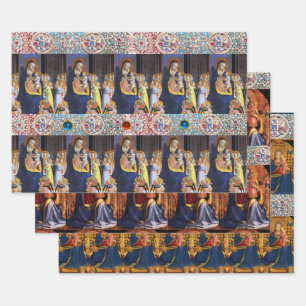 VIRGIN WITH CHILD,ANGELS AND SAINTS ,RED BLUE GEMS WRAPPING PAPER SHEETS