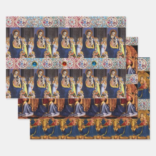 VIRGIN WITH CHILDANGELS AND SAINTS RED BLUE GEMS WRAPPING PAPER SHEETS