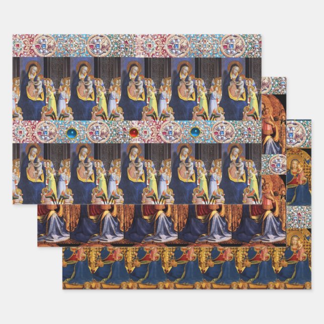 VIRGIN WITH CHILD,ANGELS AND SAINTS ,RED BLUE GEMS WRAPPING PAPER SHEETS (Set)