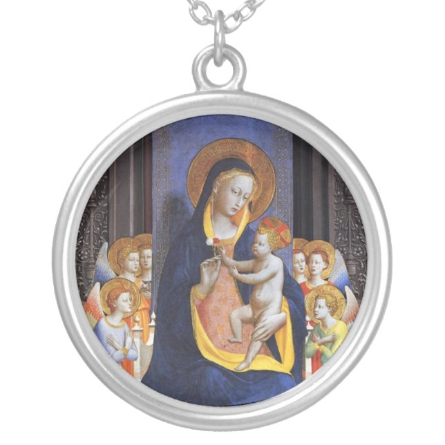 VIRGIN WITH CHILD,ANGELS AND SAINTS SILVER PLATED NECKLACE (Front)