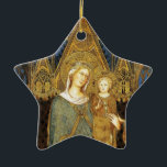 VIRGIN WITH CHILD  ,Blue Sapphire Ceramic Ornament<br><div class="desc">Maestà is a classic masterpiece of Italian late medieval painting .Simone Martini was a major figure In the development of early Italian Painting and greatly influenced the development of the International Gothic Style.Photography and digital treatment for better printing by Bulgan Lumini .Madonna with child in blue, brown, gold, yellow colors,...</div>