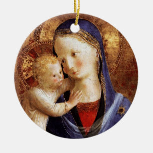 VIRGIN WITH CHILD ,Blue Sapphire Gem Christmas Ceramic Ornament