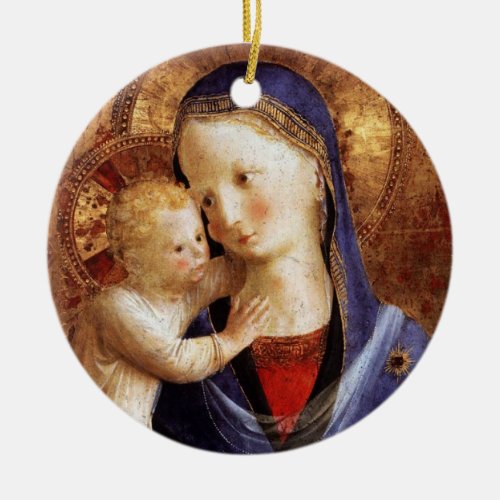 VIRGIN WITH CHILD  Blue Sapphire Gem  Christmas Ceramic Ornament