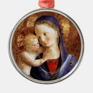 VIRGIN WITH CHILD ,Blue Sapphire Gem Christmas Metal Ornament