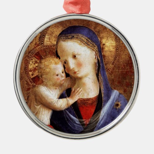 VIRGIN WITH CHILD  Blue Sapphire Gem Christmas Metal Ornament