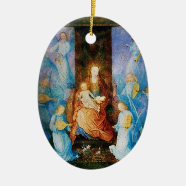 VIRGIN WITH CHILD -CONCERT OF ANGELS,Blue Sapphire Ceramic Ornament (Front)