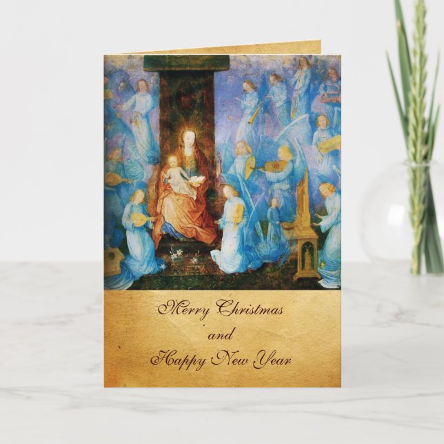 VIRGIN WITH CHILD -CONCERT OF ANGELS,Blue Sapphire Holiday Card (Front)