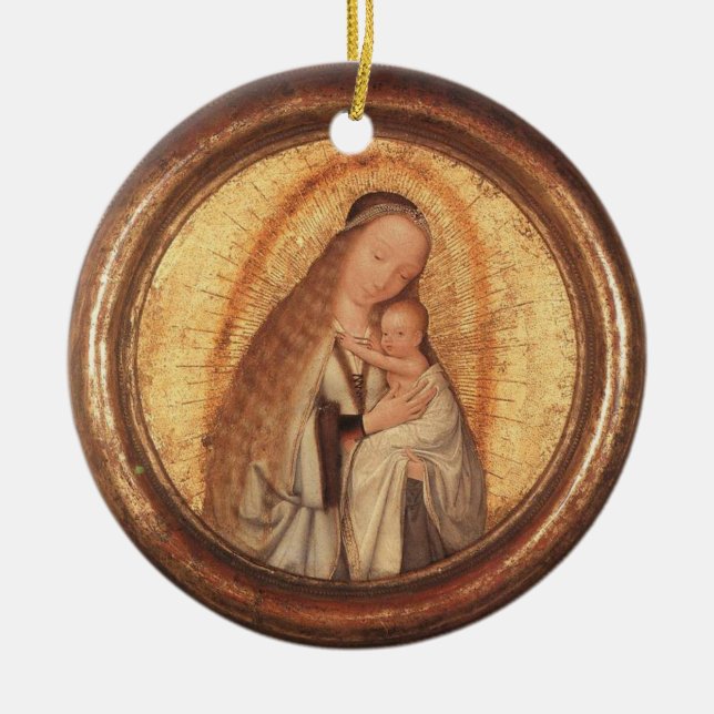 VIRGIN WITH CHILD  GOLD AND RED RUBY CERAMIC ORNAMENT (Front)