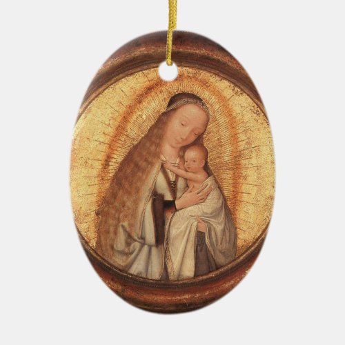 VIRGIN WITH CHILD  GOLD AND RED RUBY CERAMIC ORNAMENT