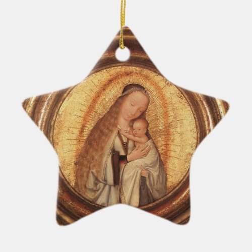 VIRGIN WITH CHILD  GOLD AND RED RUBY STAR CERAMIC ORNAMENT