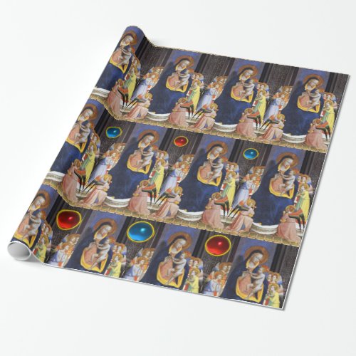 VIRGIN WITH CHILDSAINTS ANGELS RED BLUE GEMS WRAPPING PAPER