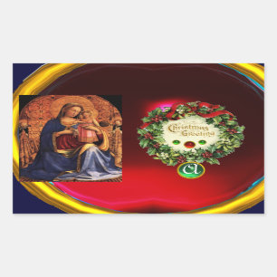 VIRGIN WITH CHILDAND SAINTS MONOGRAM Green Emerald Rectangular Sticker