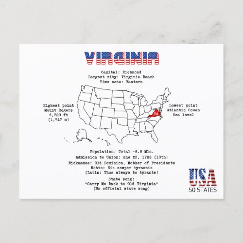 Virginia American state on a map and useful info Holiday Postcard