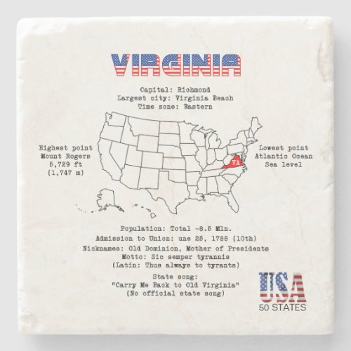Virginia American state on a map and useful info Stone Coaster