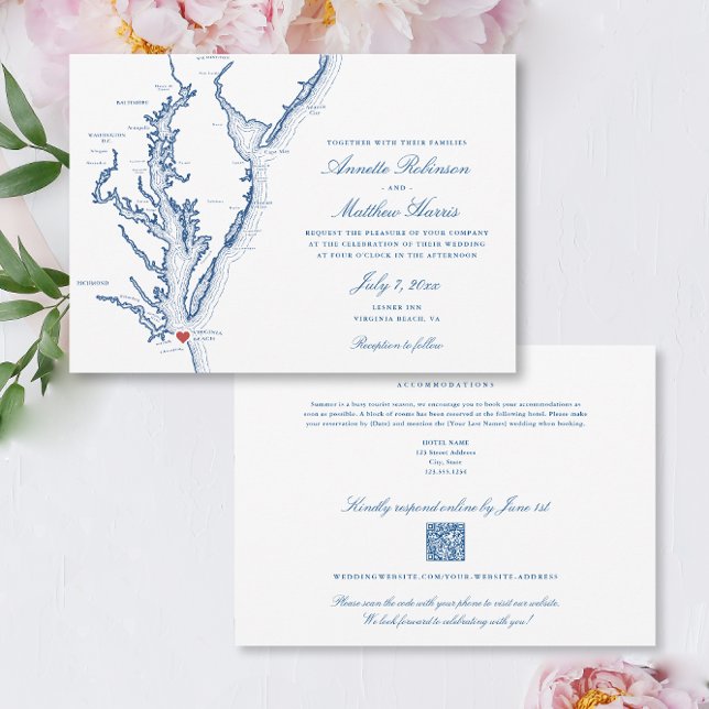 Virginia Beach all-in-one QR code RSVP Wedding Invitation (Virginia Beach all-in-one QR code Wedding Invitation in elegant navy blue with details on the back)