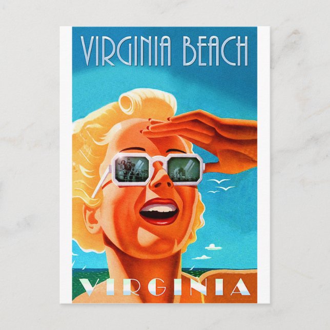 Virginia beach, blond sunglasses woman, vintage postcard (Front)