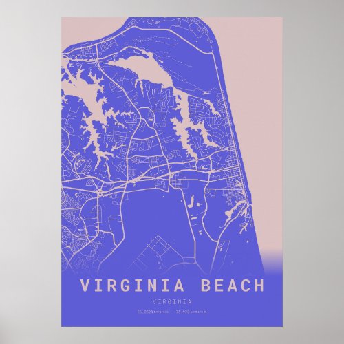 Virginia Beach Blue City Map Poster