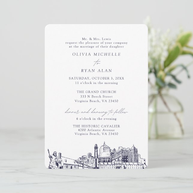 Virginia Beach Church Wedding Two Location Navy Invitation (Standing Front)