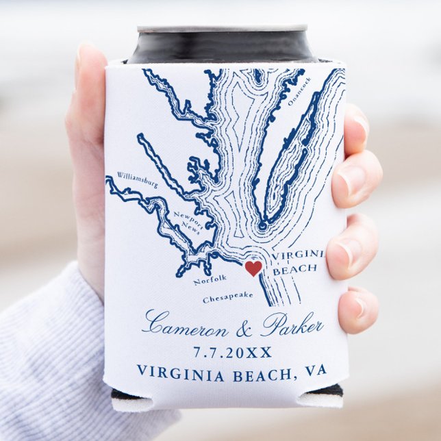 Virginia Beach Map Elegant Navy Blue Wedding Favor Can Cooler (Virginia Beach Can Coozie Wedding Favor for an Elegant Navy Blue Wedding from Coastal Map Designs)