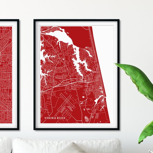 Virginia Beach Map Modern Red City Map Poster