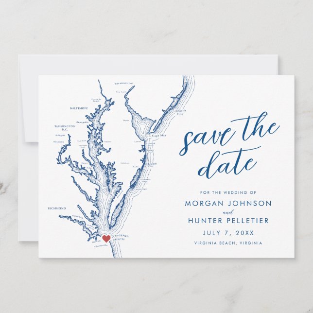 Virginia Beach Map Modern Wedding Save The Date (Front)
