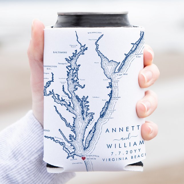 Virginia Beach Minimal Modern Wedding Favor Can Cooler (Virginia Beach Wedding Can Coozie Favor in modern navy blue from Coastal Map Designs)