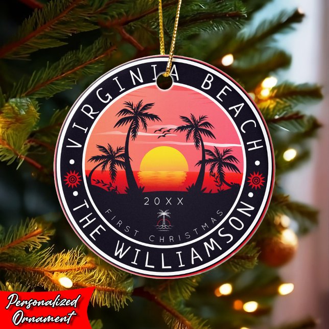 Virginia Beach USA Retro Sunset Souvenirs 80s Ceramic Ornament (Creator Uploaded)